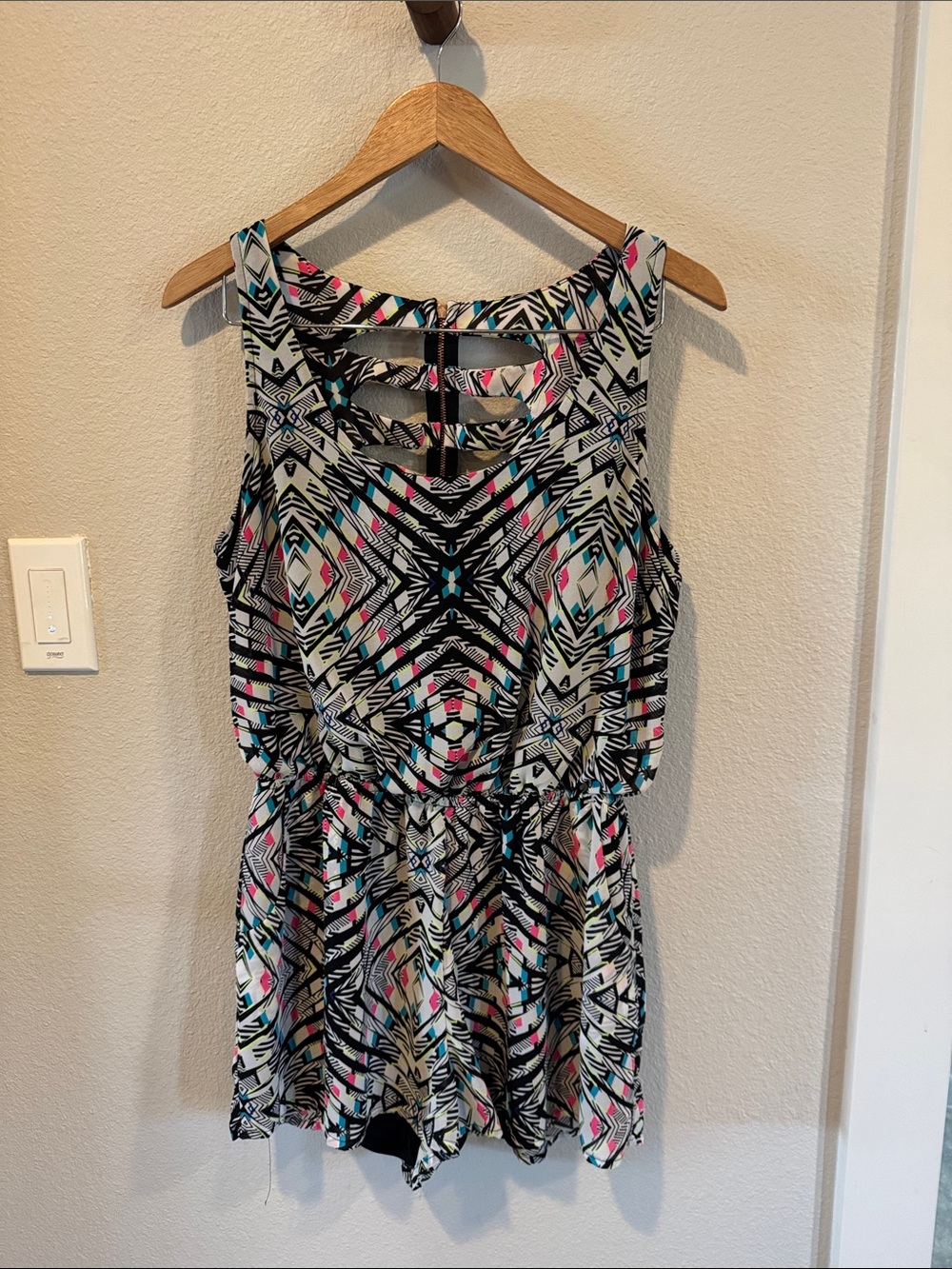 Xhilaration Multicolor Geometric Cutout Romper — Black, White, Pink & Teal